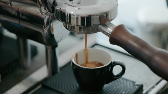 4K Pouring coffee stream from professional machine in cup. Barista man making double espresso, using filter holder. Flowing fresh ground coffee. Drinking roasted black coffee in the morning.