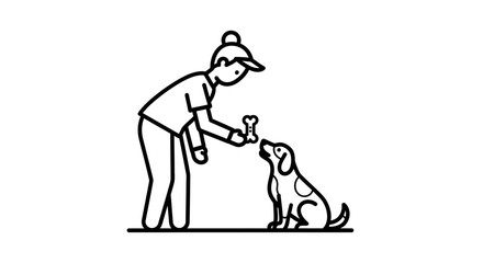 Obraz premium Owner training dog with treat, simple line art icon