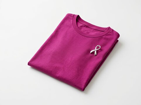 Apparel Mockup: Folded T-Shirt with Awareness Ribbon Pin, Isolated Studio Display, Branding Presentation Concept