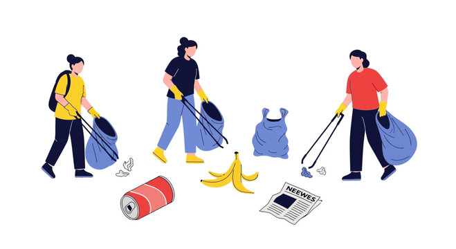 People cleaning up litter, environmental protection, recycling, teamwork