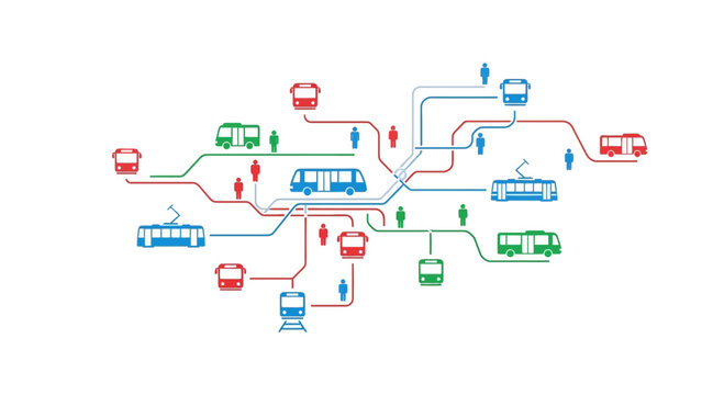 Public transport network map with buses, trams, trains and people icons