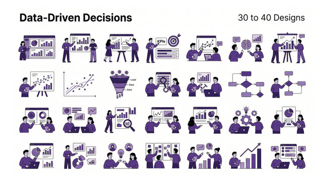 Collection of data driven decision making concept vector graphics with decision analytics business analysis statistics information strategy marketing management intelligence planning
