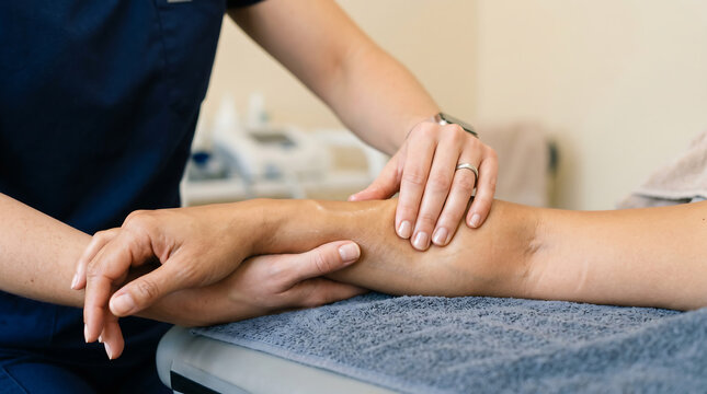 Close up of a female physical therapist hands massaging a patient arm during a rehabilitation therapy session in a clinic or spa salon