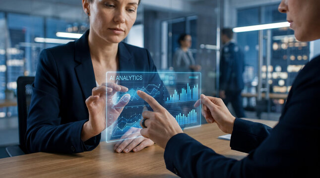 Specialist interacting with virtual digital interface displaying data visualization and infograph