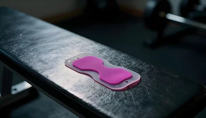 Glowing magenta hydration patches resting on a steel bench in a dark gym. © stefanholm