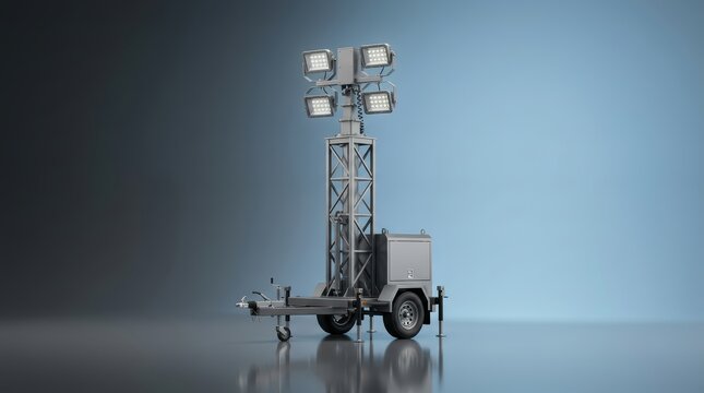 Industrial mobile lighting tower 3D render rapid deployment transportable illumination system mast structure wide area coverage emergency disaster recovery