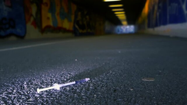 Close up of a used syringe with a needle discarded on the asphalt ground inside a dark pedestrian underpass with graffiti covered walls, symbolizing drug addiction and urban decay