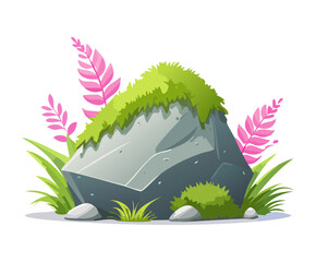 Big gray boulder stone decorated with pink ferns and green moss for fantasy garden graphics and forest path landscape components © color