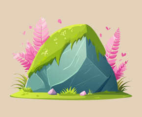 Ancient stone boulder layered with thick green moss and pink wild flowers perfect for outdoor nature walk vector graphic illustrations © color
