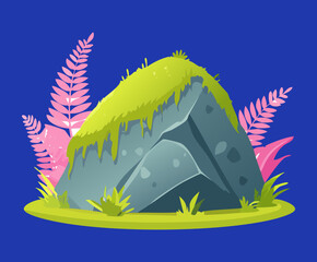 Mossy grey rock boulder surrounded by vibrant pink tropical ferns for magical forest environments and game level asset graphic designs © color