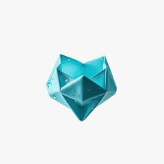 Fototapeta premium Turquoise origami fox figure. Wet droplets cover surface, creating interesting texture. Minimalist studio shot, white background.