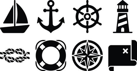 Set of nautical maritime symbols featuring sailboat anchor ships wheel lighthouse knot lifering compass map. © Emongrapic