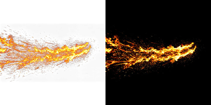 Flame jet blast with realistic fire spray and glowing sparks isolated on black and transparent background.