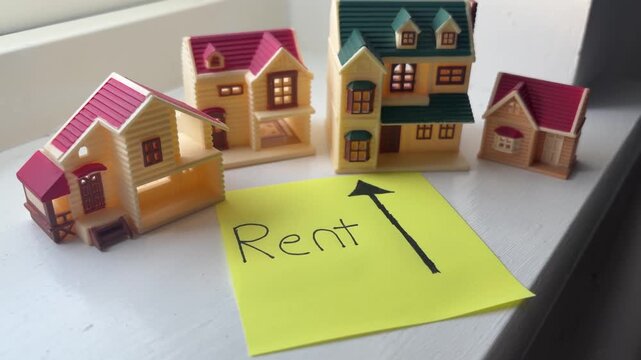 Miniature House Toys With Rent Prices Up Note Representing Rising Housing Costs