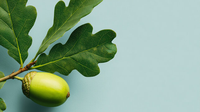 Celebrating Oak Apple Day with a green acorn and oak leaves on a blue surface