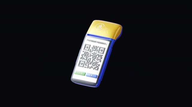 3d render isometric pos terminal displaying QR code payment interface , successful payment and printing receipt set isolated animation with green screen