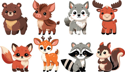 Naklejka premium Cute Woodland Animal Character Set with Bear, Boar, Wolf, Deer, Fox and Raccoon