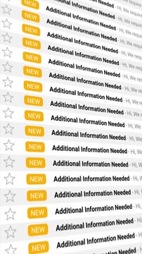 Additional Information Needed messages appear repeatedly across a digital inbox. Perfect for illustrating digital bureaucracy, workflow challenges, and urgent communication needs.