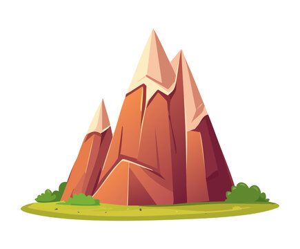 Small stylized rocky mountain ridge with brown peaks and green grass patch ideal for side scrolling game environments and map icons