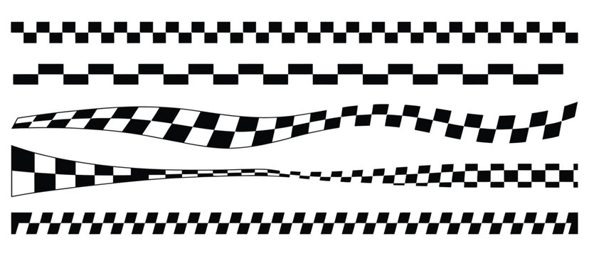 Seamless checkered racing flag border pattern, black and white finish line ribbon design, motorsport grid texture, rally banner decoration vector illustration