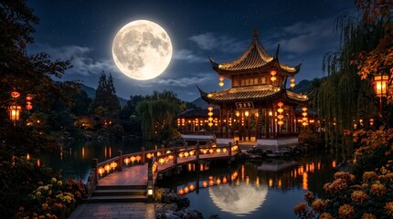 Fototapeta premium Mid autumn festival celebration collection pavilion in moonlight