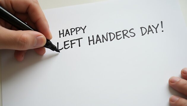 Persons hand writes HAPPY LEFT HANDERS DAY! message using a black marker on white paper