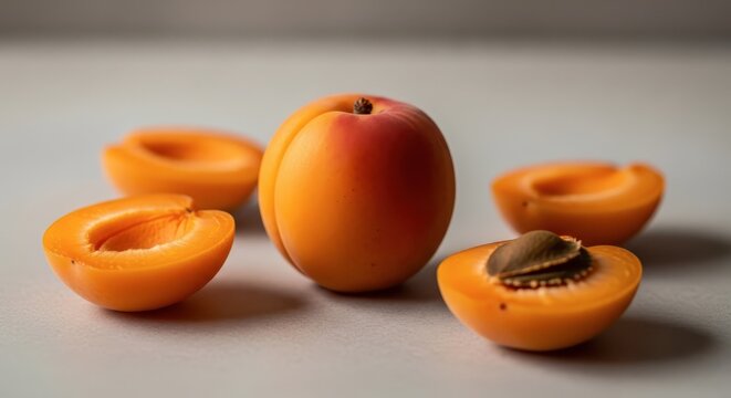 Fresh apricots and halved fruits.