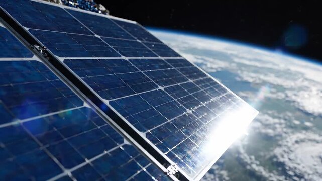 Solar panel array of Earth observation satellite shows silicon cells in grid pattern. Sunlight reflects off metallic edges. Earth partially visible. Orbital mechanics concept