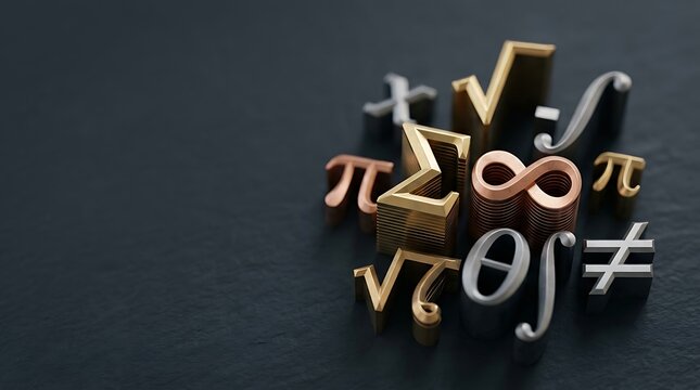 Metallic 3d mathematical symbols on dark textured background