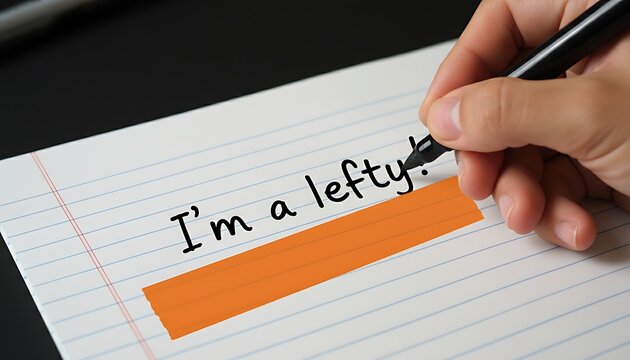 Persons hand writes Im a lefty! on lined paper featuring an orange tape accent