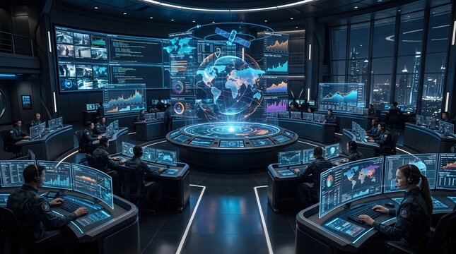 Global logistics command center operations room with specialists tracking shipping freight distribution dashboards map