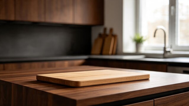 Clean wooden cutting board placed on modern dark wood kitchen countertop near window, minimalist home interior and cooking preparation surface