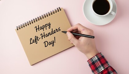 Persons left hand writing Happy Left Handers Day in a notebook, next to a coffee cup