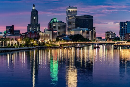 Providence Skyline Reflections At Colorful Blue Hour