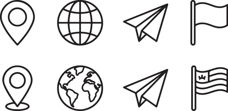 Minimal line icons set of location, globe, paper plane, and flag
