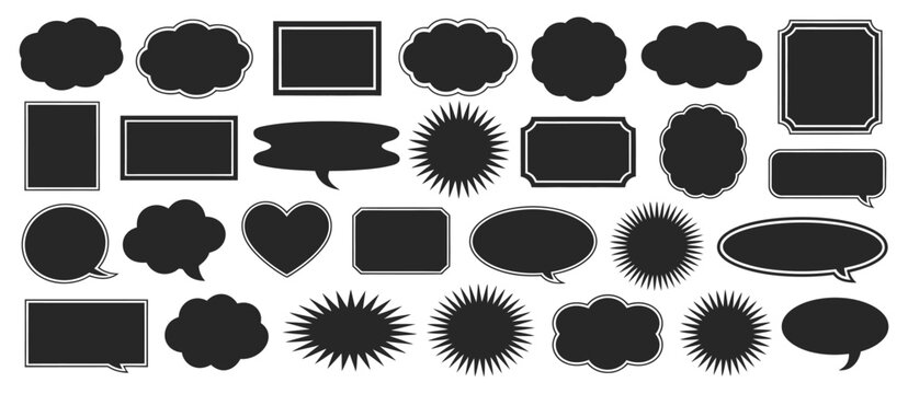 Red fluffy cloud label shapes set, squishy speech bubbles, wavy sticker badges, cute promo text boxes, soft cartoon UI elements, vector illustration.