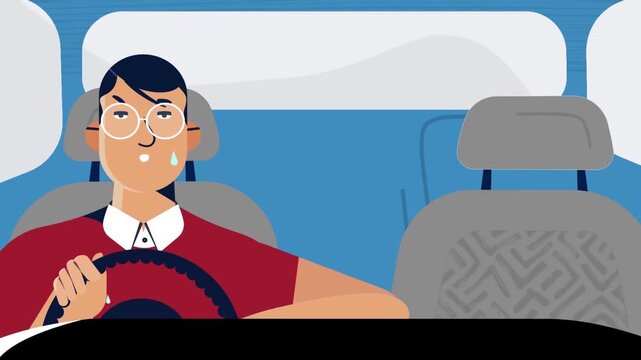 Happy Young Woman Driving Car and Looking Forward, Safe Travel and Road Trip Concept, 2D Vector Animation Loop