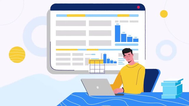 Young Man Working on Laptop in Front of Large Financial Website Interface Screen, Data Analytics Concept, 2D Animation