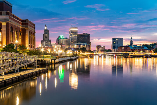Providence Skyline Reflections At Colorful Blue Hour