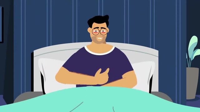 Shocked or Insomniac Man Sitting Up in Bed at Night, Sleep Disorder and Mental Stress Concept, 2D Vector Animation
