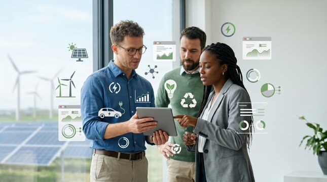 Diverse business team discussing renewable energy projects on tablet, solar panels and wind turbines outside window, green technology icons floating around