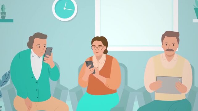 Diverse Group of People in Clinic Waiting Room Using Mobile Devices, Medical Hospital Reception Concept, 2D Animation