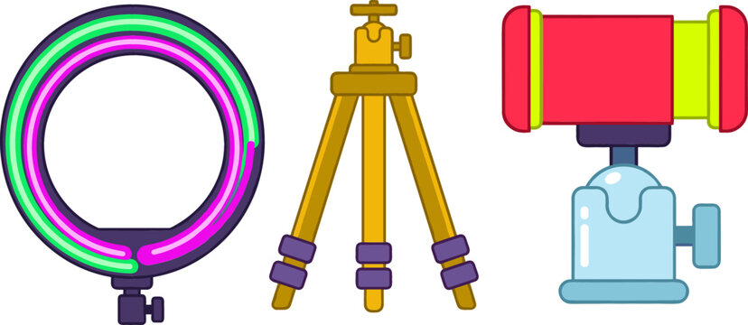 Content Creator Video Gear Vector Element Set with LED Circle Ring Light Compact Camera Tripod Stand and Adjustable Smartphone Mount Ball Head Adapter