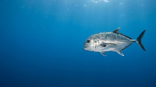 Large giant trevally fish swimming in clear blue tropical water