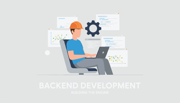 Backend developer in an orange hard hat sitting on a chair and coding on a laptop, representing the software building process.