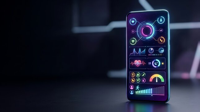 Smartphone showing health tracking app with glowing biometric data