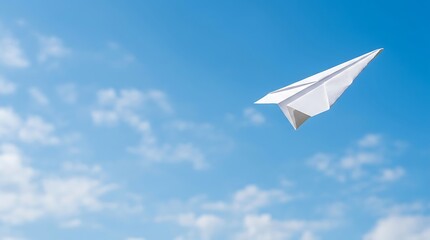 Fototapeta premium Paper airplane flying through a clear blue sky with soft clouds