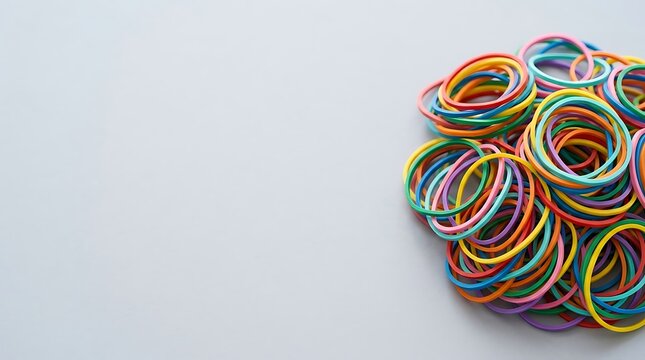 Pile of colorful elastic rubber bands on a gray background