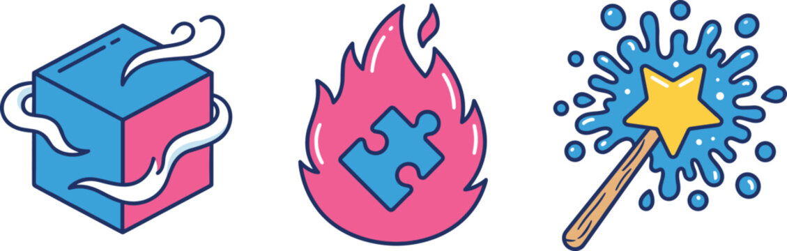 Creative concept icon vector set featuring a smoking cube puzzle piece on fire and a magic wand with splash