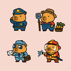 Fototapeta premium Cute Capybara Community Helpers Set – Police Officer, Firefighter, Mail Carrier and Farmer